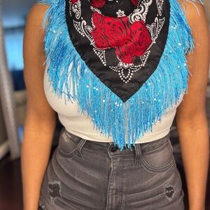 Blue and Black Sequin Fringed Bandana with Red Rose Design